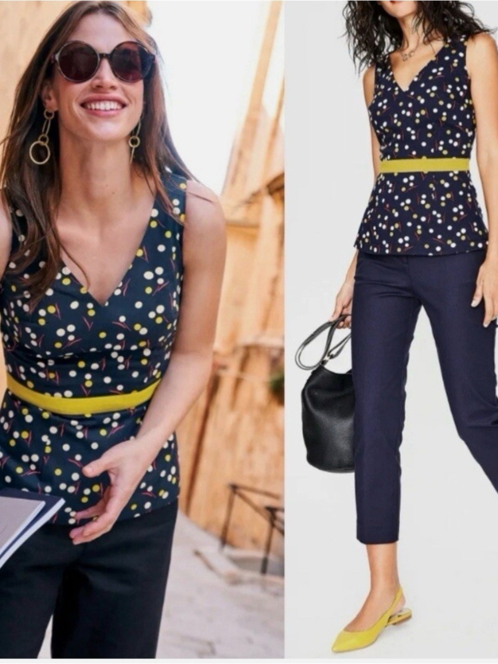 NWOT Boden Navy Blue Polka Dot Sleeveless Peplum Sinead Fitted Top Size 6